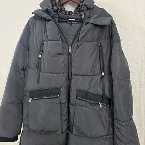 Steve Madden Charcoal Puffer Anorak Jacket with Cheetah Print Hood